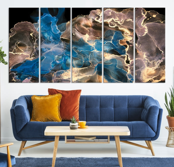 Gold Blue Black Marble Abstract Large Wall Art Canvas Print