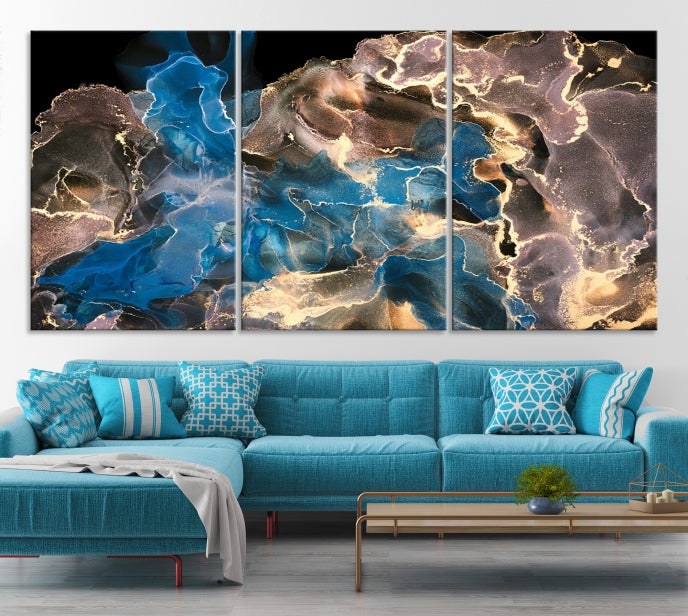 Gold Blue Black Marble Abstract Large Wall Art Canvas Print