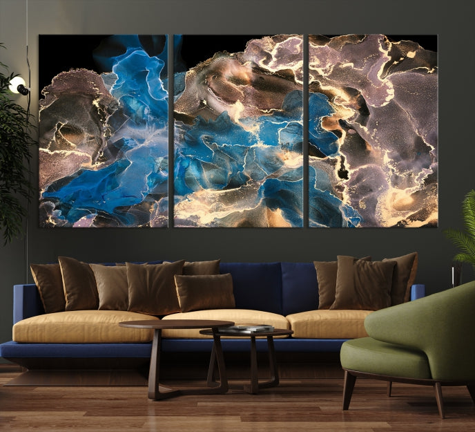 Gold Blue Black Marble Abstract Large Wall Art Canvas Print