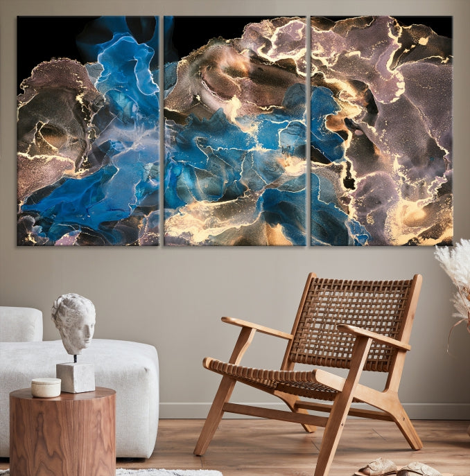 Gold Blue Black Marble Abstract Large Wall Art Canvas Print