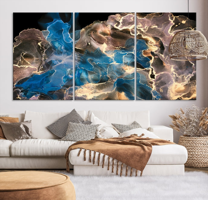 Gold Blue Black Marble Abstract Large Wall Art Canvas Print