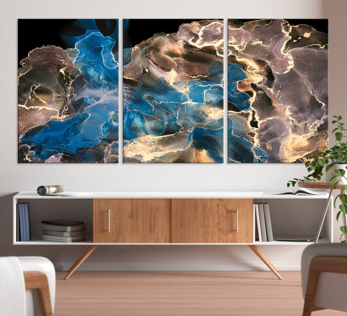 Gold Blue Black Marble Abstract Large Wall Art Canvas Print