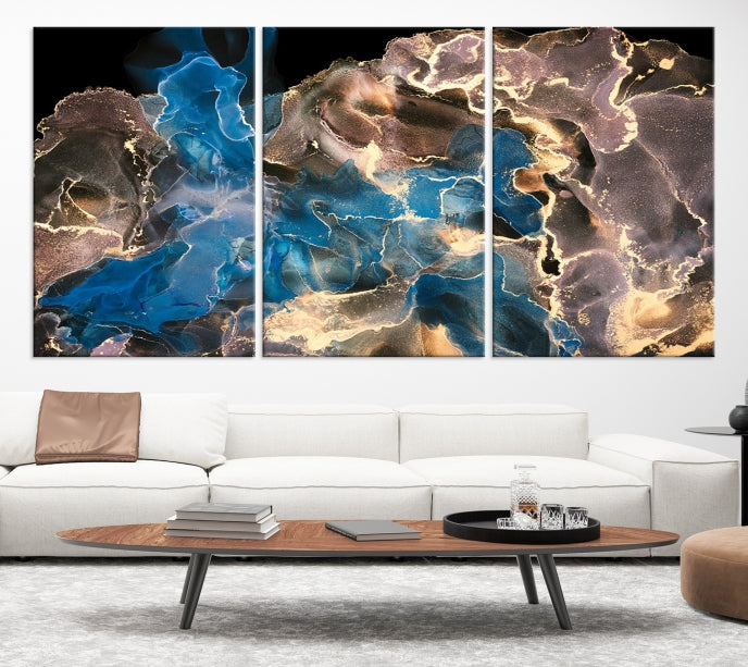 Gold Blue Black Marble Abstract Large Wall Art Canvas Print