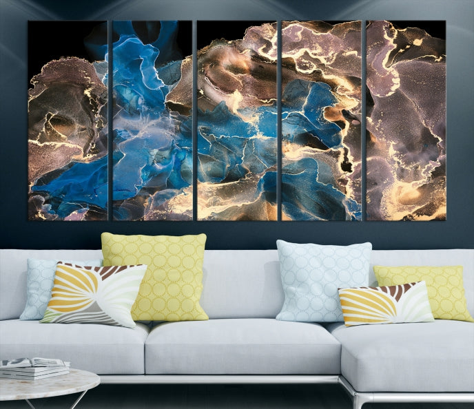 Gold Blue Black Marble Abstract Large Wall Art Canvas Print