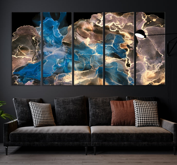 Gold Blue Black Marble Abstract Large Wall Art Canvas Print