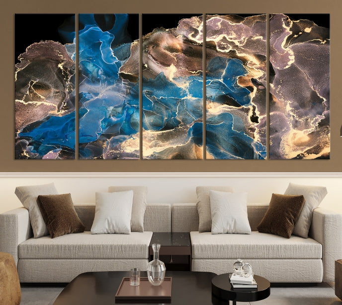 Gold Blue Black Marble Abstract Large Wall Art Canvas Print