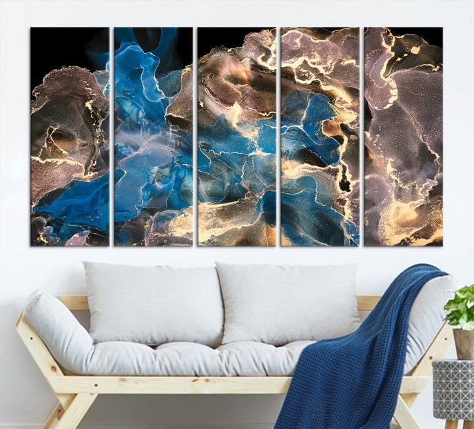 Gold Blue Black Marble Abstract Large Wall Art Canvas Print