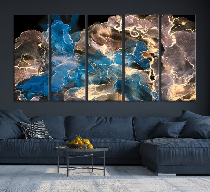 Gold Blue Black Marble Abstract Large Wall Art Canvas Print