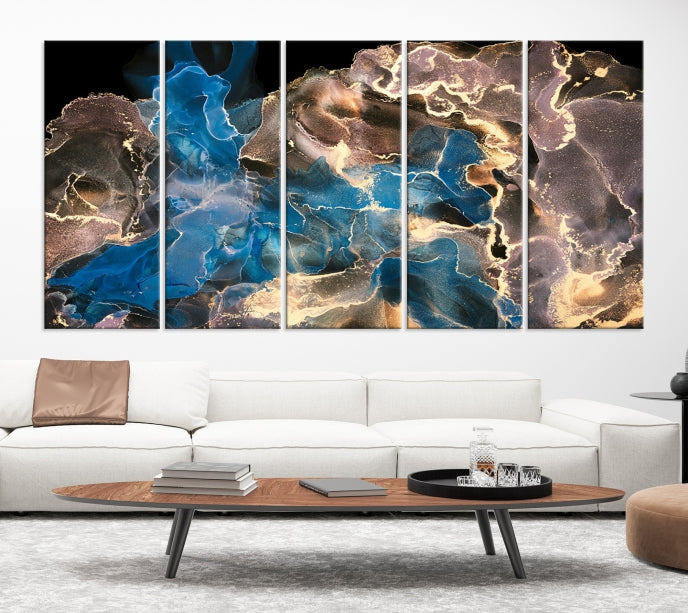 Gold Blue Black Marble Abstract Large Wall Art Canvas Print