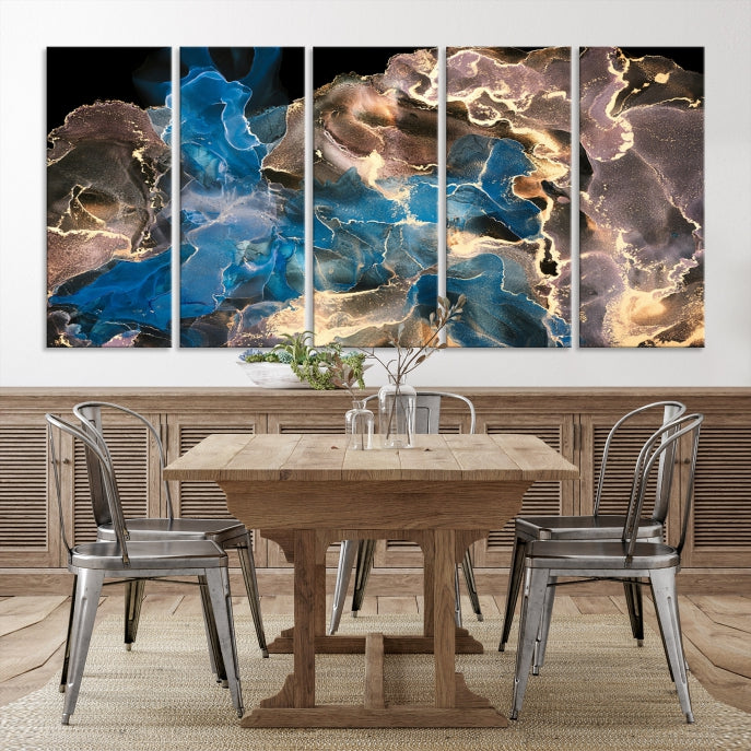 Gold Blue Black Marble Abstract Large Wall Art Canvas Print