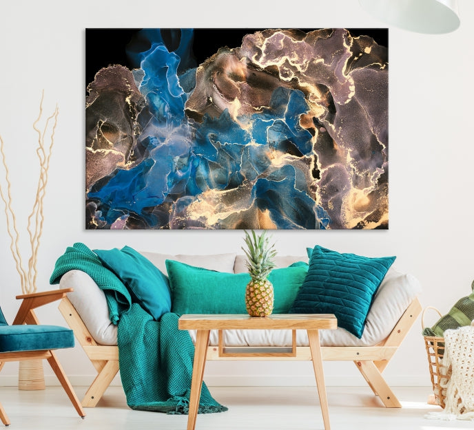 Gold Blue Black Marble Abstract Large Wall Art Canvas Print