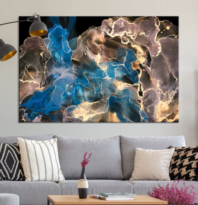 Gold Blue Black Marble Abstract Large Wall Art Canvas Print