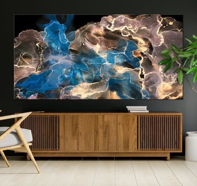 Gold Blue Black Marble Abstract Large Wall Art Canvas Print