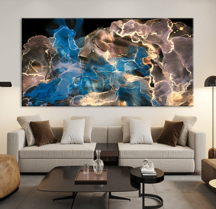 Gold Blue Black Marble Abstract Large Wall Art Canvas Print