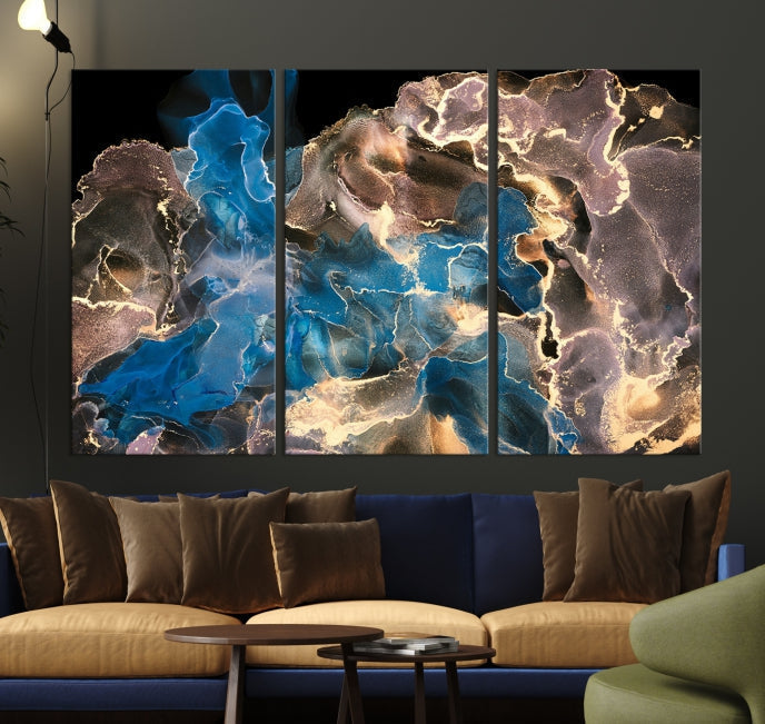 Gold Blue Black Marble Abstract Large Wall Art Canvas Print