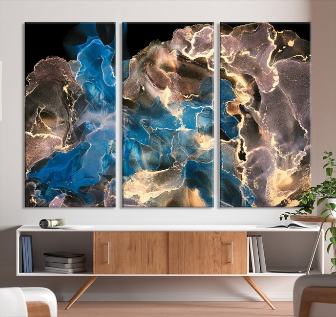 Gold Blue Black Marble Abstract Large Wall Art Canvas Print