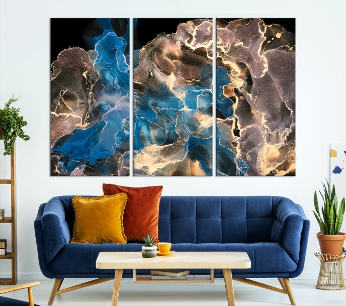 Gold Blue Black Marble Abstract Large Wall Art Canvas Print