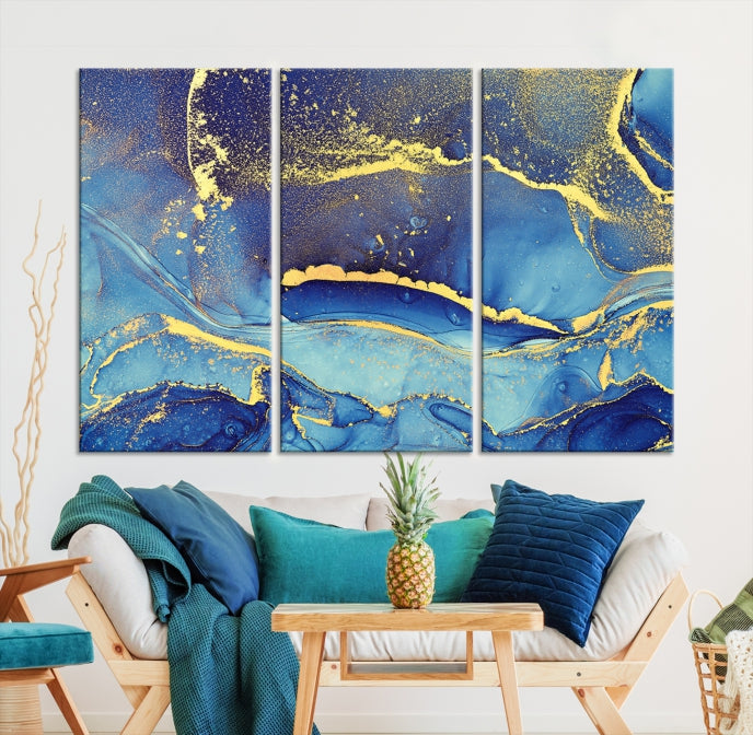 Gold Blue Modern Abstract Canvas Wall Art Print