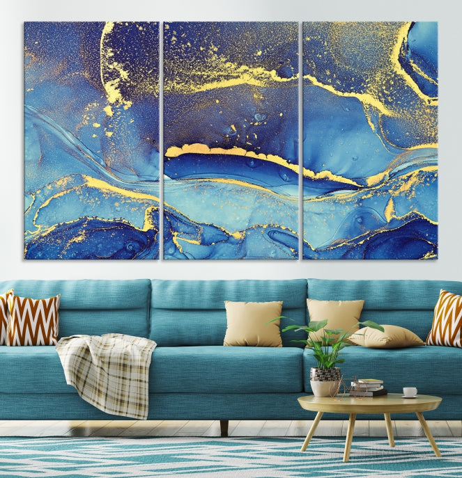 Gold Blue Modern Abstract Canvas Wall Art Print