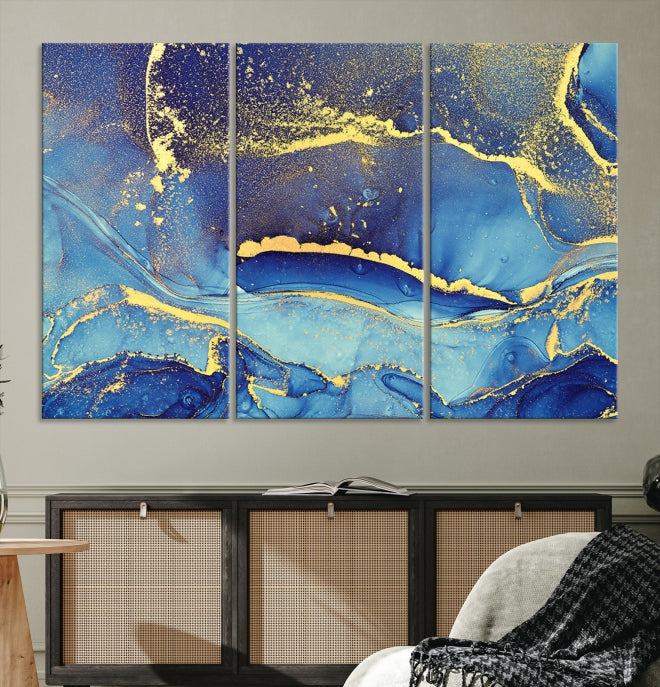 Gold Blue Modern Abstract Canvas Wall Art Print