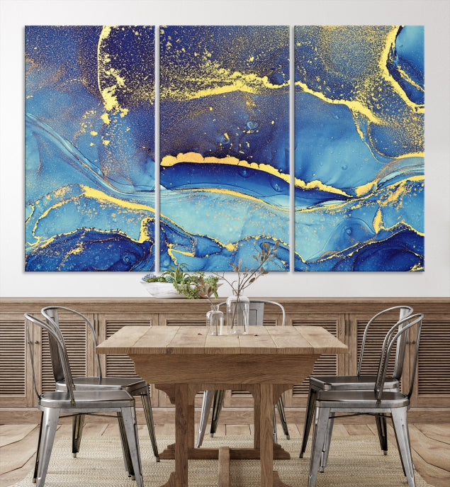 Gold Blue Modern Abstract Canvas Wall Art Print