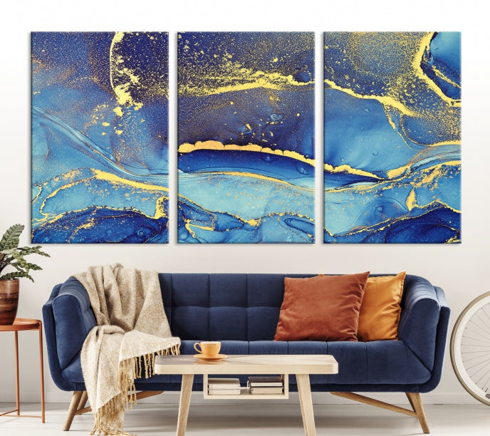 Gold Blue Modern Abstract Canvas Wall Art Print