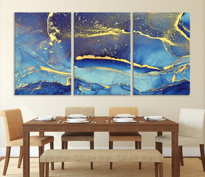 Gold Blue Modern Abstract Canvas Wall Art Print