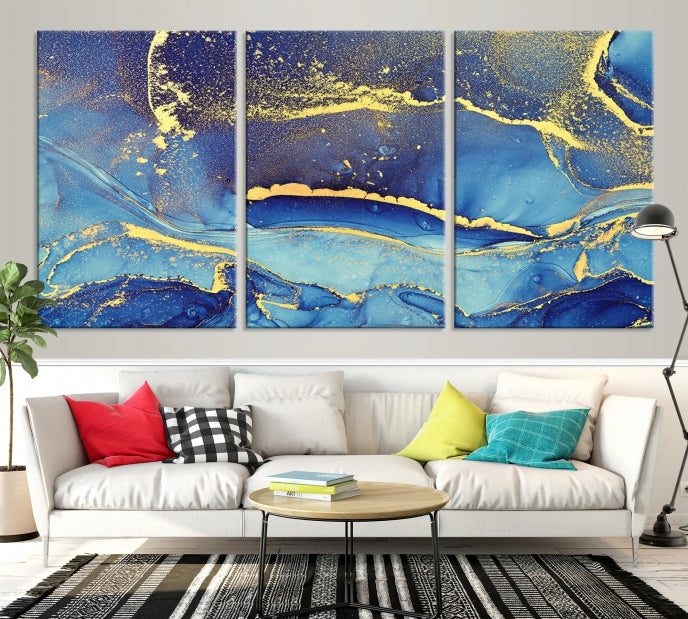 Gold Blue Modern Abstract Canvas Wall Art Print