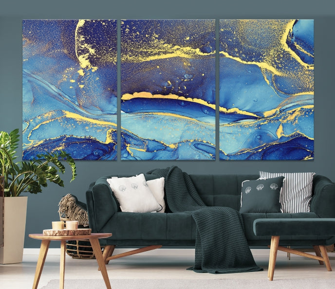 Gold Blue Modern Abstract Canvas Wall Art Print