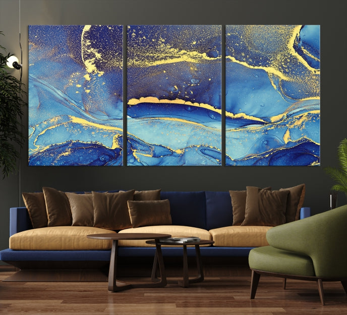 Gold Blue Modern Abstract Canvas Wall Art Print