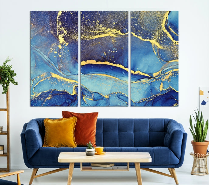 Gold Blue Modern Abstract Canvas Wall Art Print