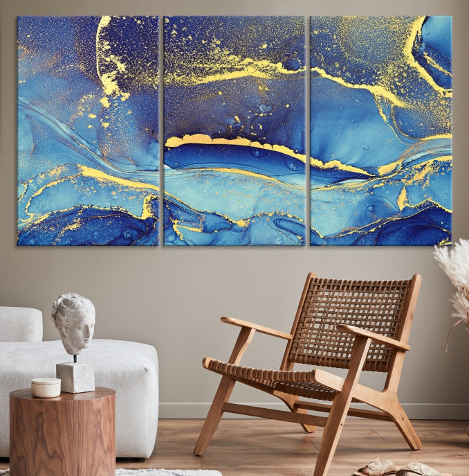 Gold Blue Modern Abstract Canvas Wall Art Print