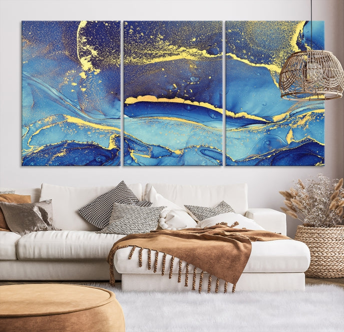 Gold Blue Modern Abstract Canvas Wall Art Print