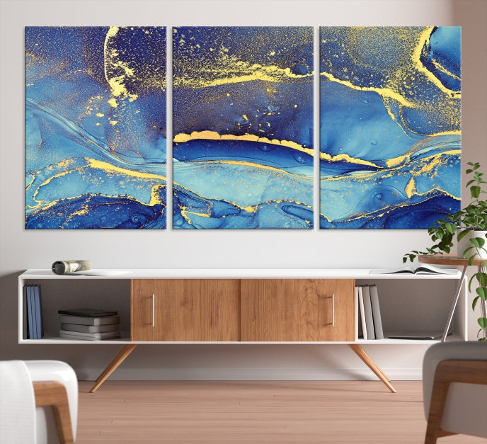 Gold Blue Modern Abstract Canvas Wall Art Print