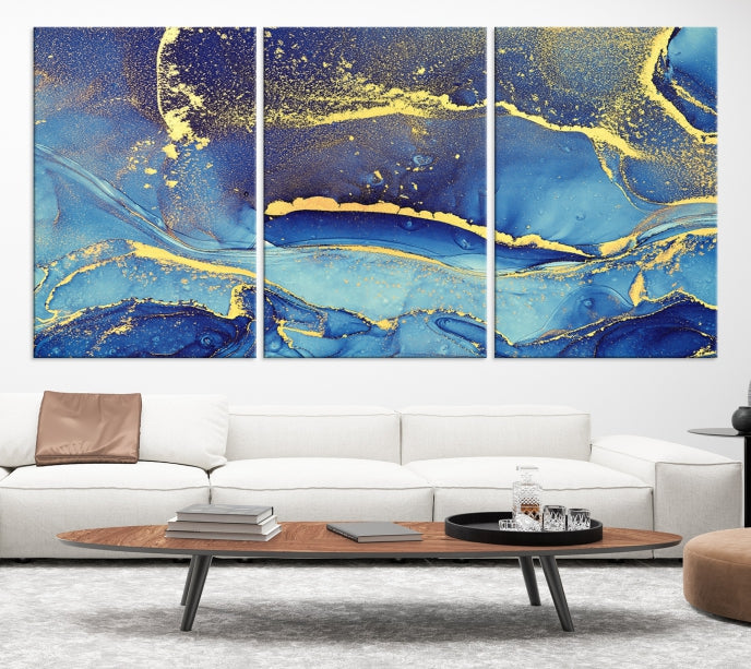 Gold Blue Modern Abstract Canvas Wall Art Print