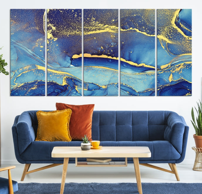 Gold Blue Modern Abstract Canvas Wall Art Print