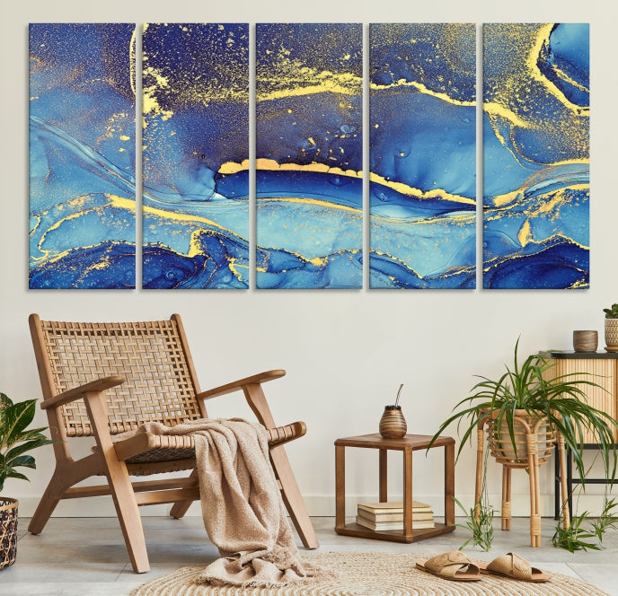 Gold Blue Modern Abstract Canvas Wall Art Print