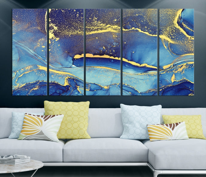 Gold Blue Modern Abstract Canvas Wall Art Print