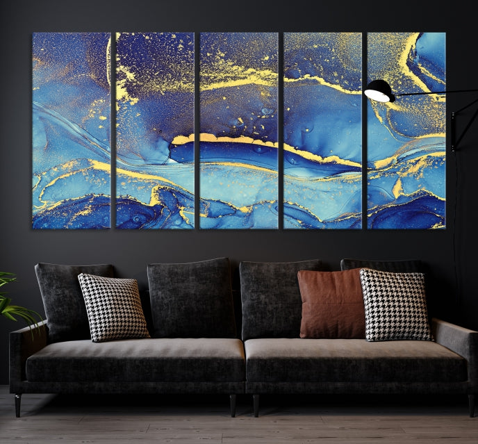 Gold Blue Modern Abstract Canvas Wall Art Print