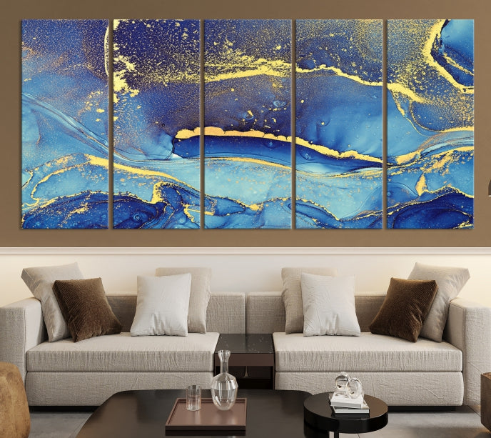 Gold Blue Modern Abstract Canvas Wall Art Print