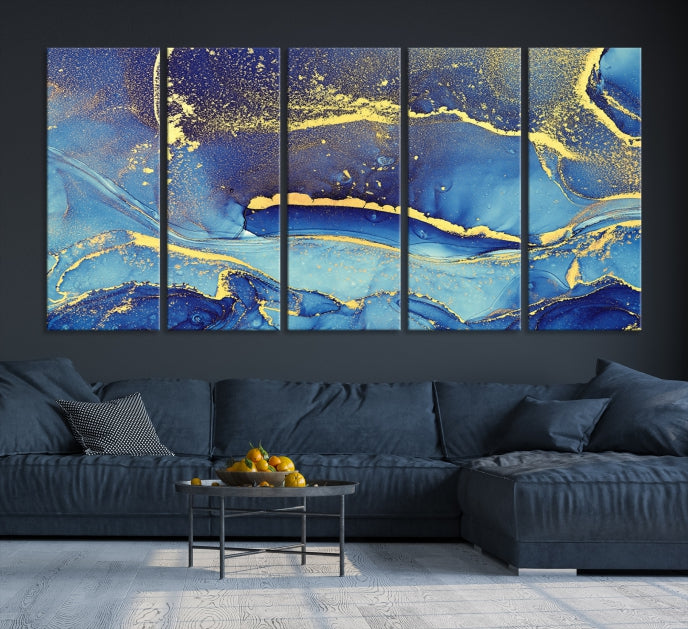 Gold Blue Modern Abstract Canvas Wall Art Print