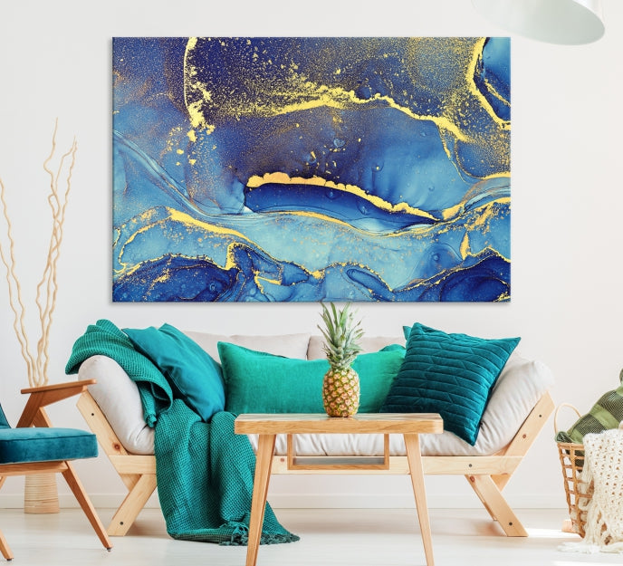 Gold Blue Modern Abstract Canvas Wall Art Print