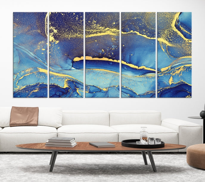 Gold Blue Modern Abstract Canvas Wall Art Print