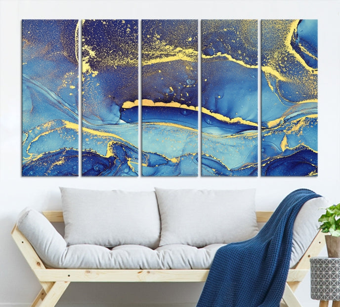 Gold Blue Modern Abstract Canvas Wall Art Print