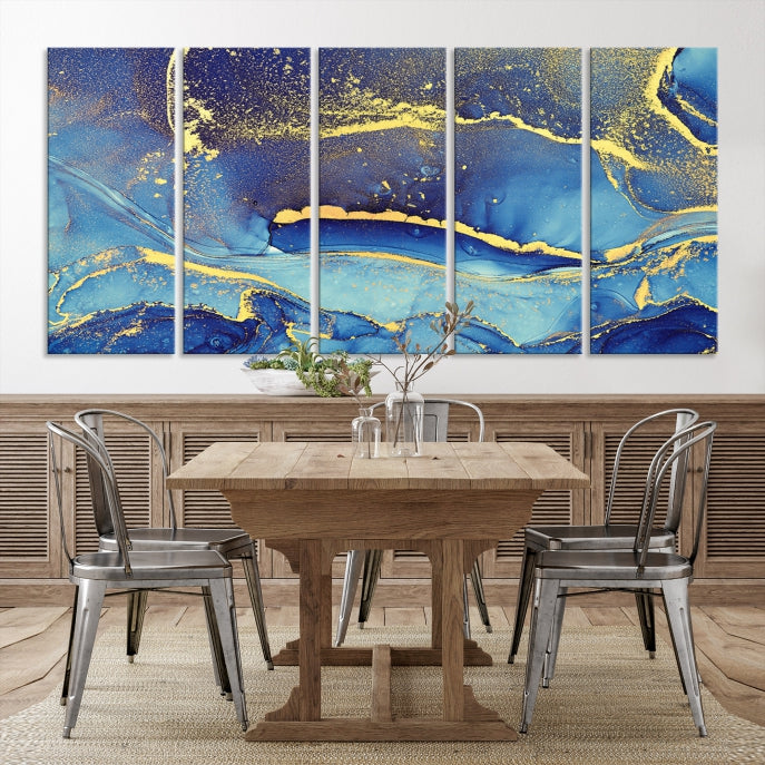 Gold Blue Modern Abstract Canvas Wall Art Print