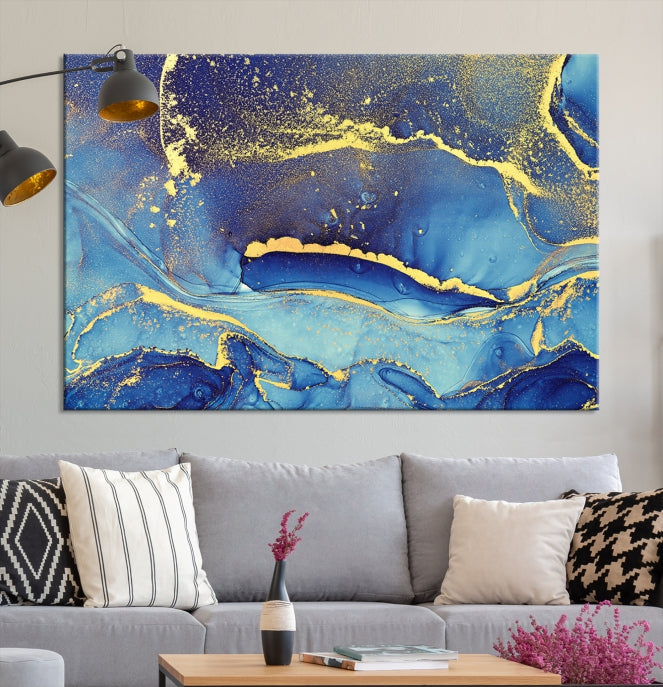 Gold Blue Modern Abstract Canvas Wall Art Print