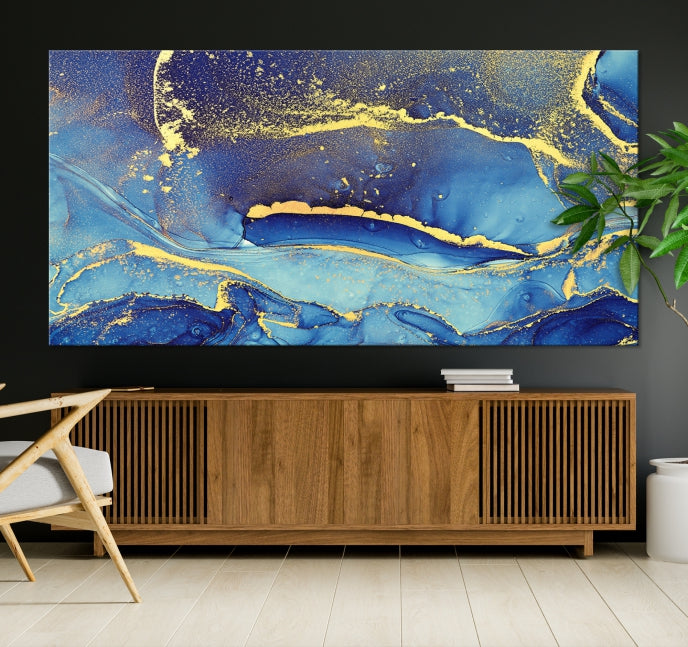 Gold Blue Modern Abstract Canvas Wall Art Print