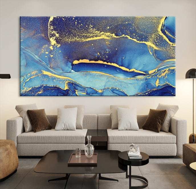 Gold Blue Modern Abstract Canvas Wall Art Print