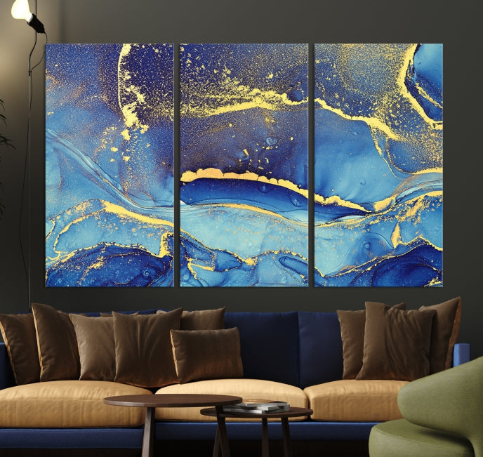 Gold Blue Modern Abstract Canvas Wall Art Print