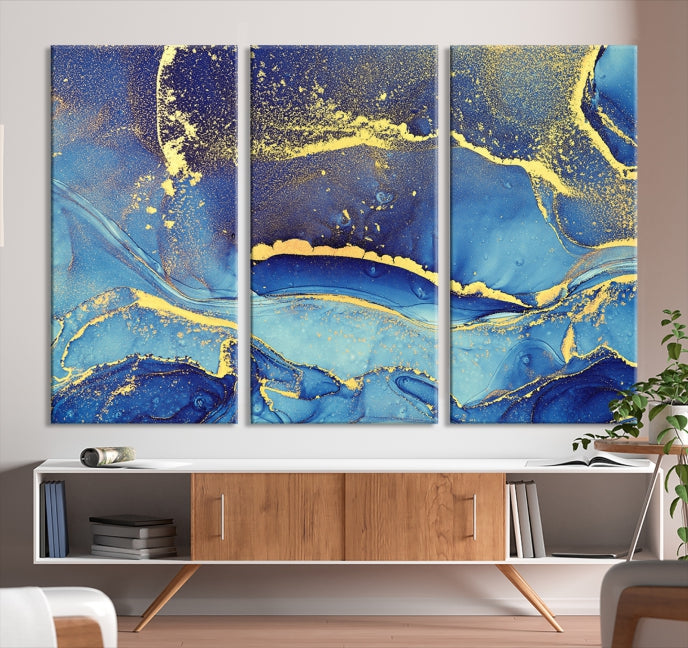 Gold Blue Modern Abstract Canvas Wall Art Print